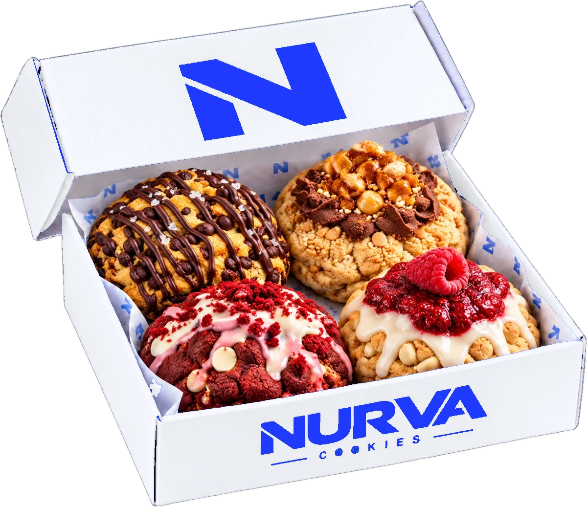 Caja NURVA blanca con 4 galletas reales: Chocolate Chunk, Peanut Butter, Red Velvet y Raspberry White